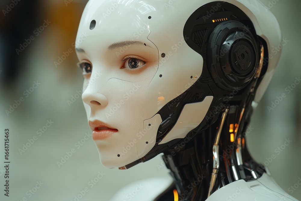 Poster exploring advanced robotics through realistic human-like designs in technology