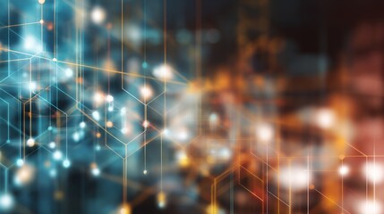 Abstract glowing network grid over blurred tech background in orange and blue tones.