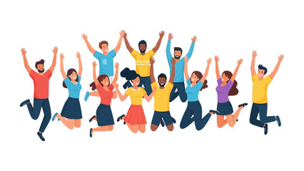 Joyful Leap: A vibrant illustration of a diverse group of individuals, filled with elation as they leap, their arms raised in a collective celebration, capturing the essence of jubilation and unity.