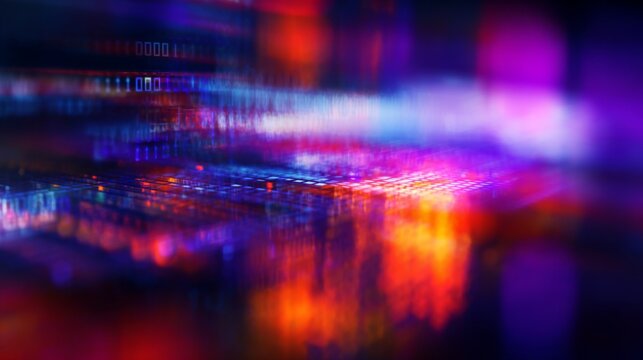 Abstract digital data stream with binary code and glowing technology background.