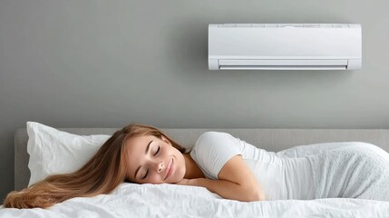 A young woman enjoys a restful sleep in her bed, comfortably cooled by the air conditioning unit above her