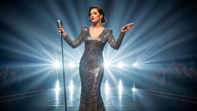 A glamorous female singer in a sparkling silver sequin gown delivers a powerful performance singing into a vintage microphone on a stage illuminated by bright dramatic spotlights and blue haze.