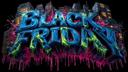 Black Friday text with neon slime and urban grunge buildings background.