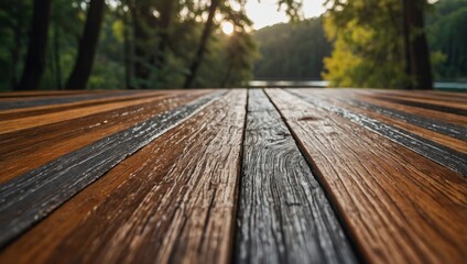 Obraz premium Empty wooden table surface for mockups. Outdoor exposition exhibit board platform. Unoccupied wooden path in park forest, perfect for nature themed presentations. 