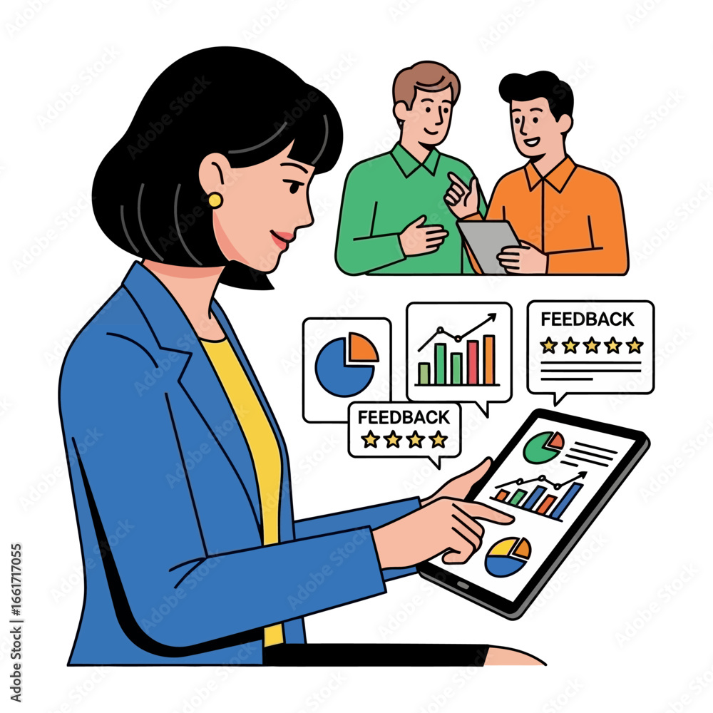 Poster data analysis and team feedback: a professional woman interacts with her tablet, surrounded by data 