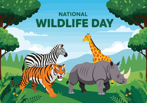 National wildlife day with zebrta, giraffe, tiger, rhino
