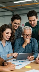 Group of Diverse Young Adults and Elderly Man Using Tablet in Office Meeting