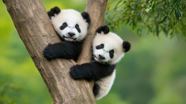 Two adorable panda cubs are playfully climbing and exploring a tree, showcasing their black-and-white fur against a bright, natural backdrop