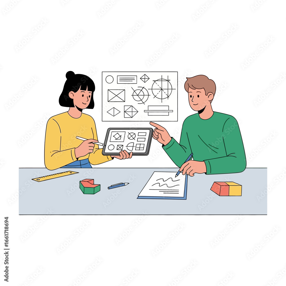 Poster brainstorming design: two individuals collaborate on a design project. with focused attention they'r
