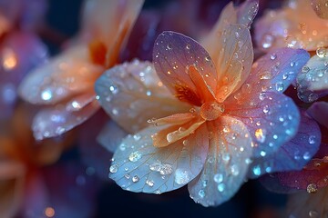 Fototapeta premium Abstract macro detail of delicate flower petals are covered in shimmering water droplets, illuminated by dramatic, contrasting blue and orange studio lighting.