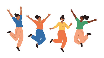 Joyful Leap: Witness the pure energy of a diverse group as they leap in the air with joyous expressions and uplifted arms, celebrating happiness and freedom through a vibrant illustration.