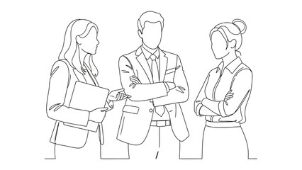 Collaboration in Contour: A minimalist line art illustration portrays three figures engaged in a thoughtful discussion, exuding a professional atmosphere.