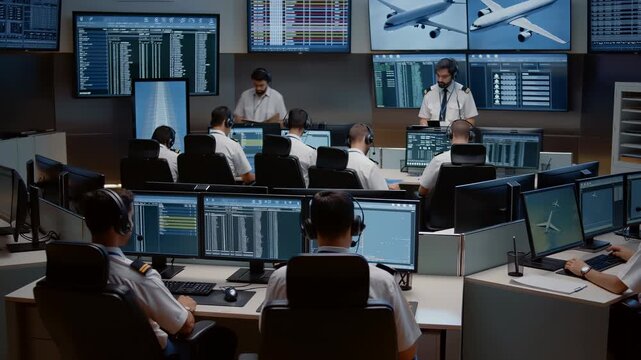 Team of flight controllers wearing headsets and using computers while managing air traffic in a modern airport control tower, their supervisor standing and holding a tablet