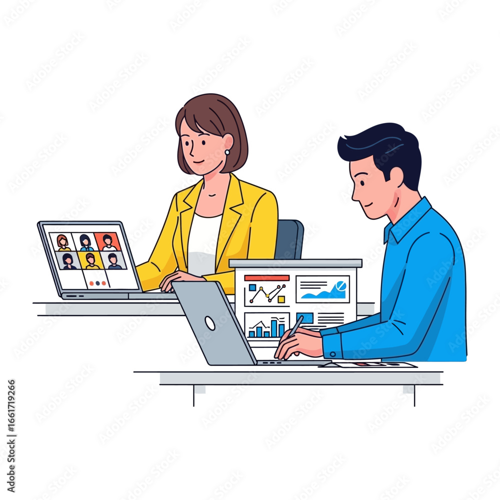 Poster digital collaboration: two professionals in a modern office engage in dynamic teamwork, one particip