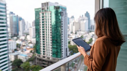 Fototapeta premium Woman using a tablet on a balcony overlooking a bustling cityscape with modern buildings and greenery