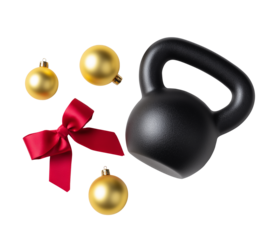 Black kettlebell with golden christmas ornaments and red ribbon isolated on transparent background. 