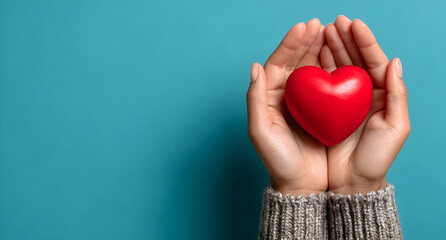 Obraz premium A pair of hands gently hold a vibrant red heart against a calming turquoise background, symbolizing love, care, and compassion in a modern lifestyle.