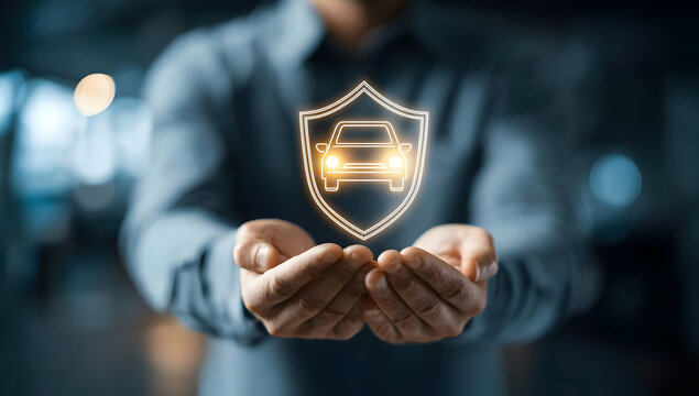 A person holding a digital shield with a car icon, symbolizing car insurance and protection in the automotive industry.