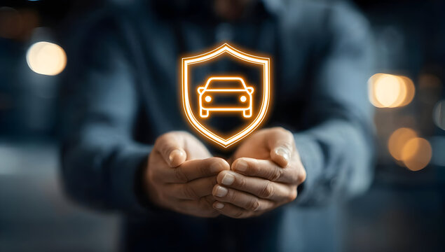 A professional man holds out his hands with a glowing car insurance symbol, representing protection and security in the automotive industry.
