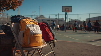Backpacks resting on chairs while students play basketball outdoors