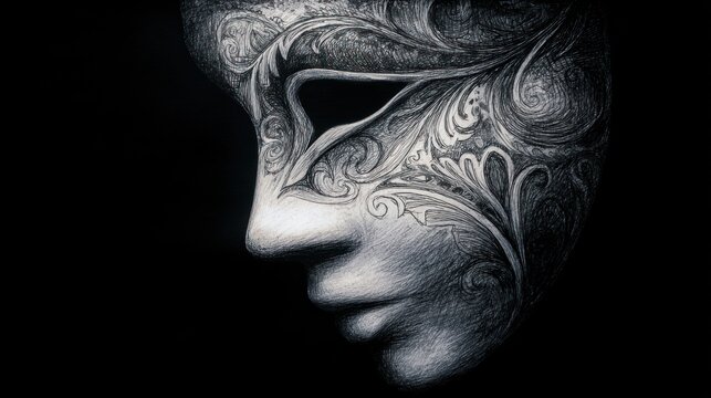 Dramatic closeup of a decorated mask, casting shadows in darkness