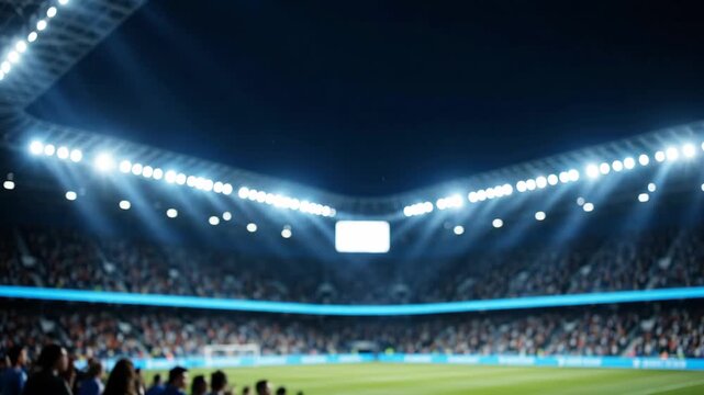 Blurry Nighttime Sports Stadium Scene - A vivid nighttime scene in a sports stadium featuring bright overhead lights illuminating a packed audience.
