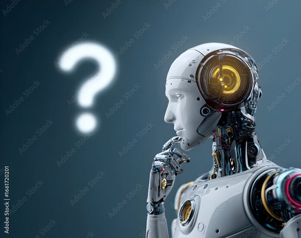 Poster a futuristic robot pondering a question, symbolizing artificial intelligence and curiosity in techno