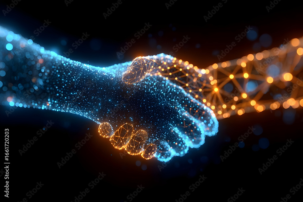 Poster a futuristic handshake between two digital hands made of glowing particles, symbolizing collaboratio