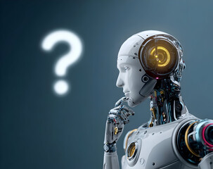 Fototapeta premium A futuristic robot pondering a question, symbolizing artificial intelligence and curiosity in technology, capturing the essence of exploration and innovation.