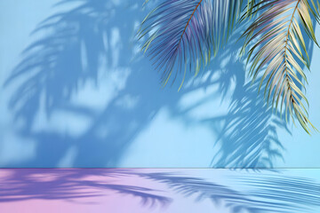 A serene composition of palm shadows against a soft blue background with pink hues, evoking a sense of tranquility and tropical vibes.