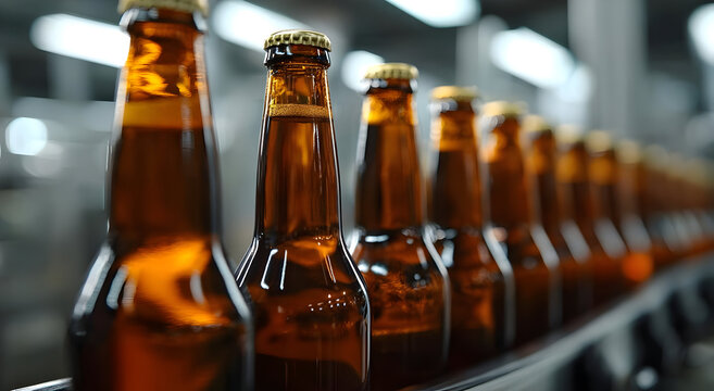 A row of amber beer bottles on a production line, showcasing the brewing process and the quality of the beverage in a modern facility.