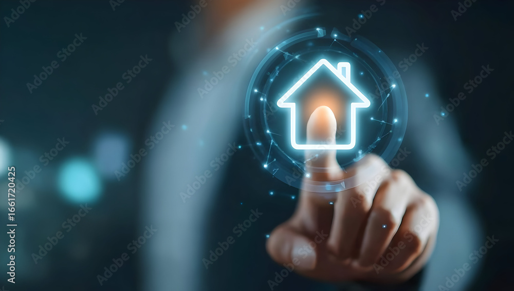 Poster a man interacts with a digital home icon, showcasing modern technology and user interface design in 