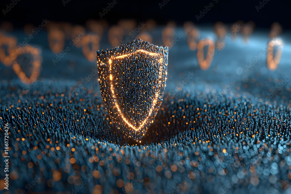 Poster a futuristic representation of digital security, featuring a glowing shield amidst a vibrant array o