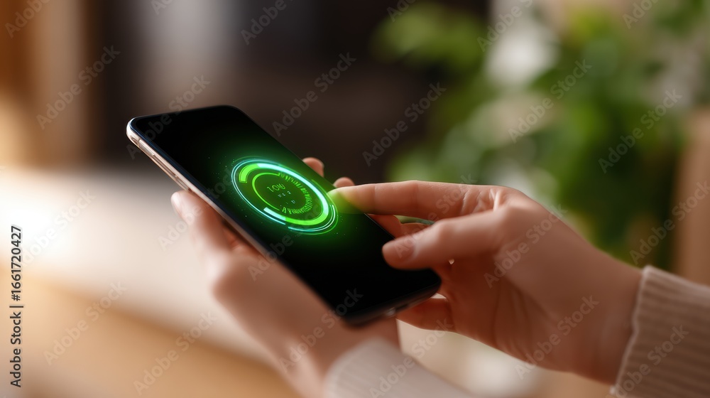 Poster user interacting with a smartphone displaying a vibrant charging animation in a cozy indoor setting