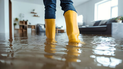 A person in yellow rubber boots stands in a flooded living room, highlighting the impact of water damage and the need for disaster preparedness and recovery.
