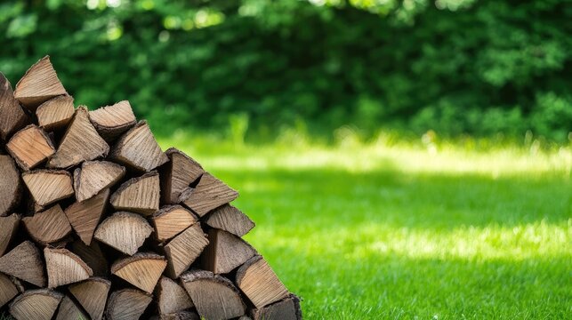 A pile of neatly stacked firewood rests on lush green grass surrounded by a blurred forest in bright daylight