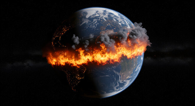 planet earth on fire, symbol of chaos, danger, destruction - Powered by Adobe