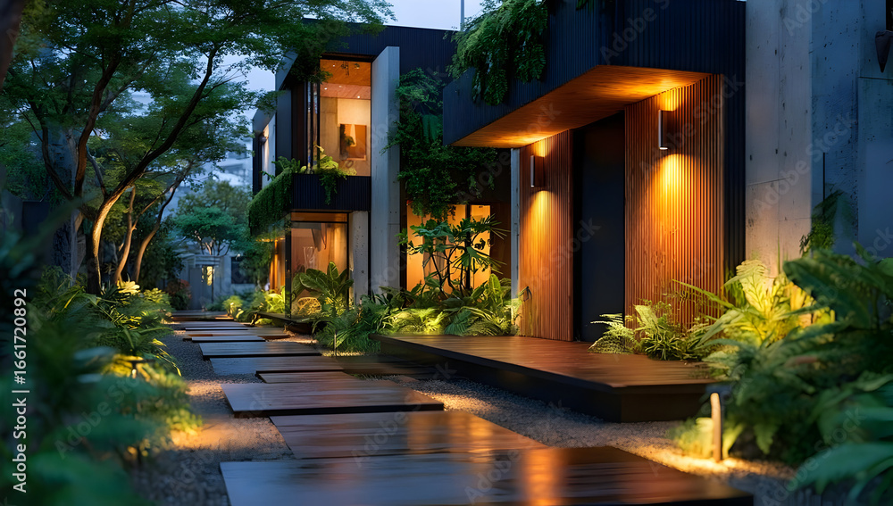 Poster a serene evening view of modern architecture illuminated by warm lights, surrounded by lush greenery