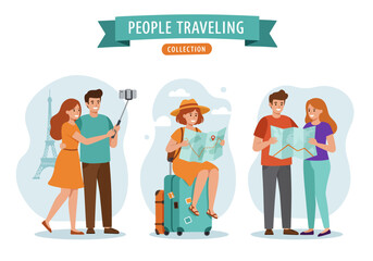 Starter pack of people traveling, flat vector illustration design