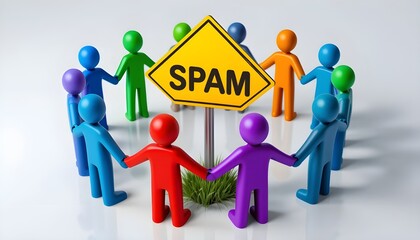 A circle of colorful figurines holding hands around a yellow spam sign on a white background