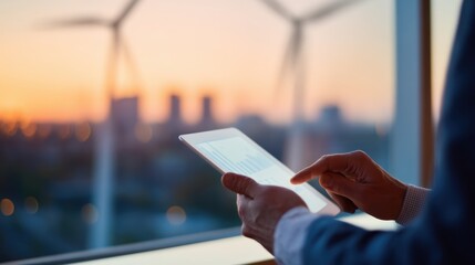 Business professional analyzing data on a tablet with wind turbines and a sunset backdrop