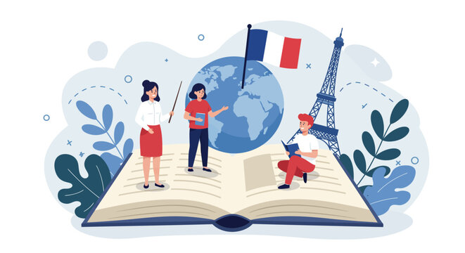 Vector illustration of a teacher teaching his students French