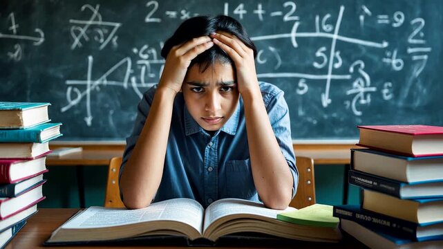 Stressed student sitting at desk surrounded by books with chalkboard filled with difficult math formulas in classroom