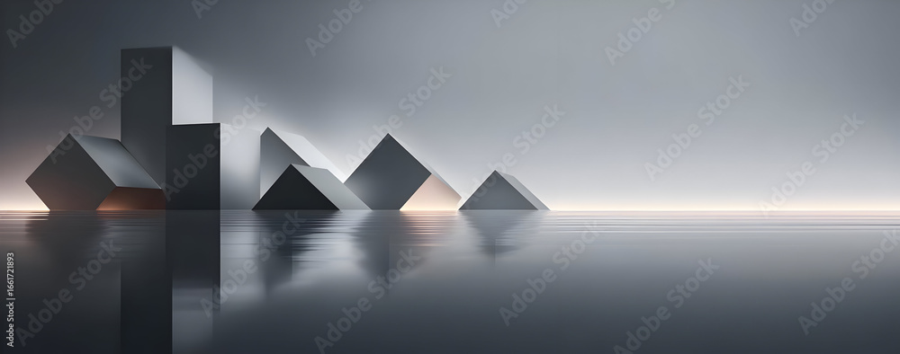 Poster a serene, minimalist image featuring geometric shapes reflected on a calm surface. ideal for design 