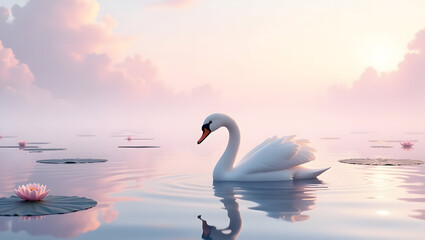 Fototapeta premium Swan Floating on a Calm Lake with Lily Pads