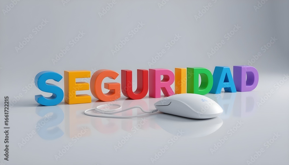 Poster colorful seguridad letters with a white computer mouse on a reflective surface in a studio setting