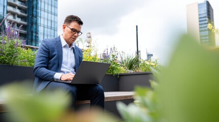 Businessman working on a laptop outdoors in a modern urban garden surrounded by greenery