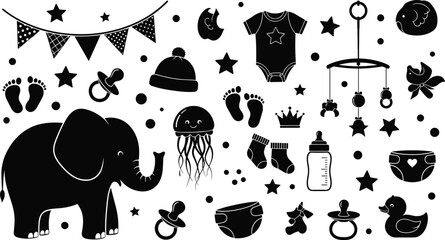 Baby icons set in black, vector illustration, elephant, bunting, onesie, pacifier, mobile, diaper, nursery, silhouette, bottle, socks, moon