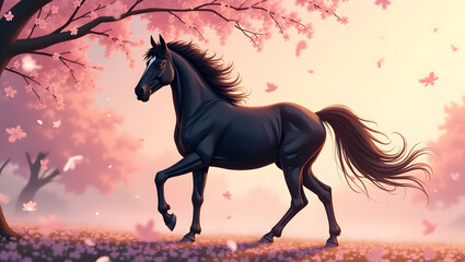 Black Horse Running Through Cherry Blossom Field