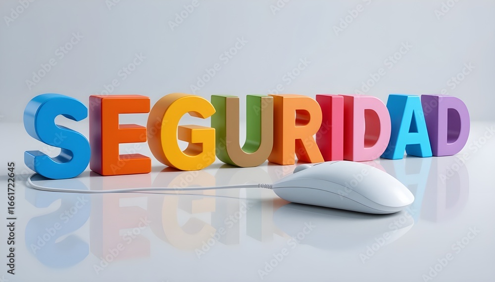 Aufkleber colorful seguridad text with a white computer mouse on a reflective white surface in a studio settin